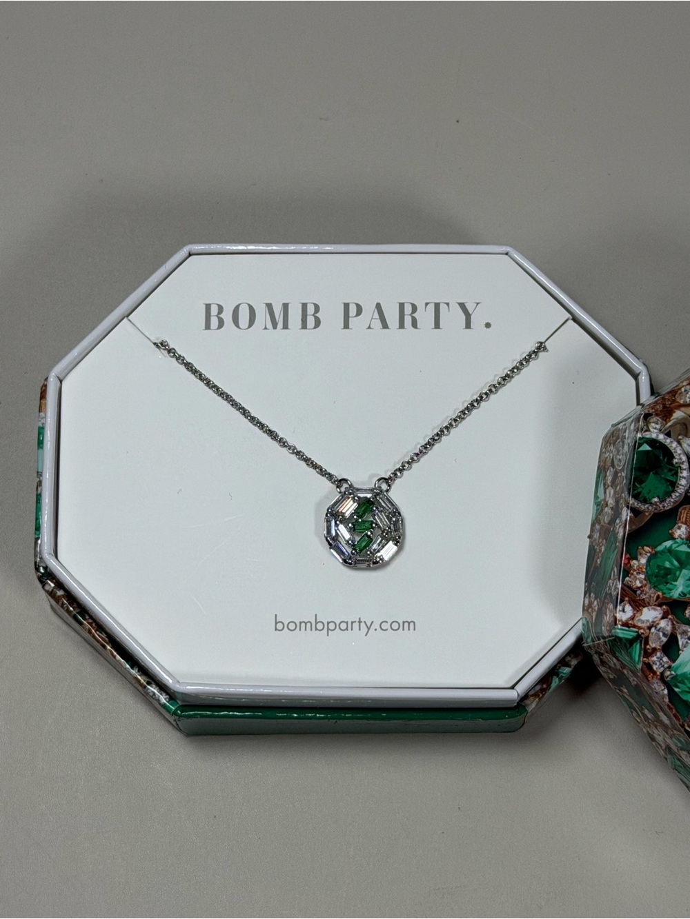 Bomb Party Silver Necklace with Green Crystal Pendant